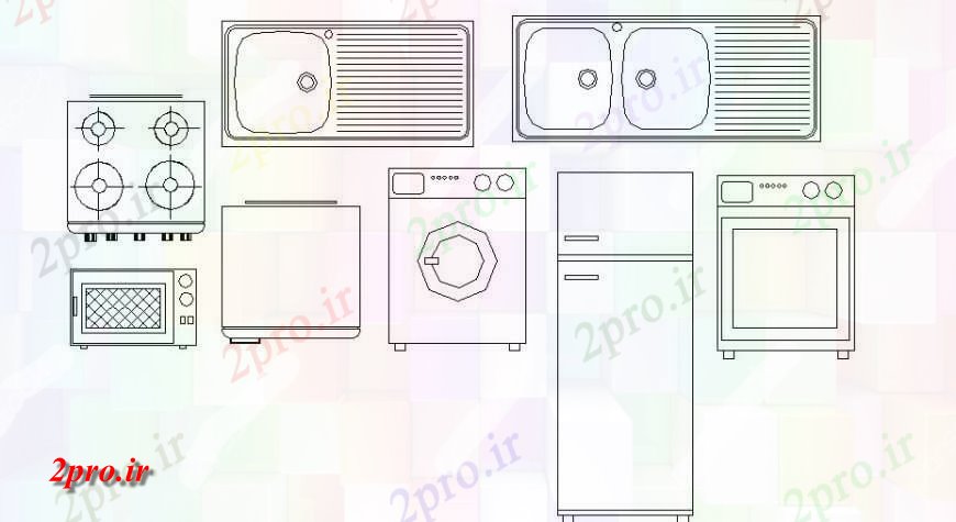 دانلود نقشه طراحی مبلمان آشپزخانه آشپزخانه پویا بلوک تجهیزات  (کد121146)