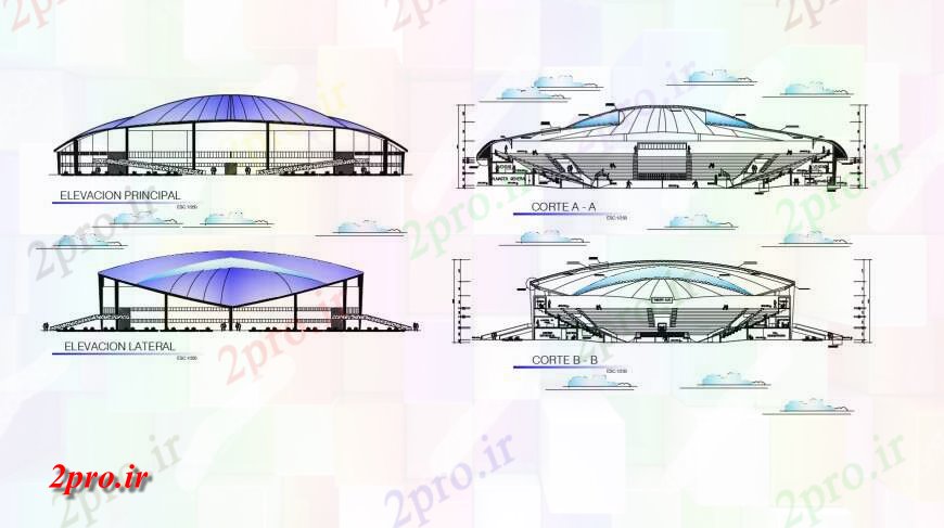 دانلود نقشه ورزشگاه ، سالن ورزش ، باشگاه نما ورزشی ورزشگاه مرکز ساخت و ساز و مقطعی طراحی جزئیات 55 در 74 متر (کد121200)