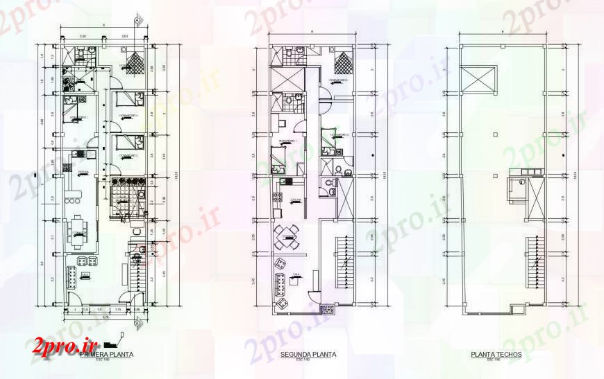 دانلود نقشه مسکونی  ، ویلایی ، آپارتمان  اول، دوم و سوم جزئیات طرحی طبقه از سه طبقه ساختمان مسکونی (کد121205)