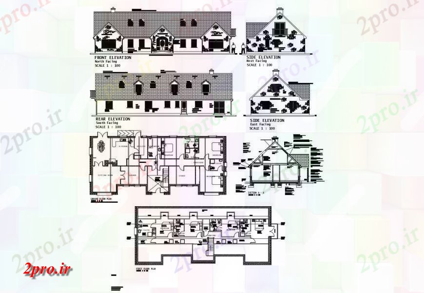 دانلود نقشه مسکونی ، ویلایی ، آپارتمان یک خانواده جلوی خانه، سمت و نما عقب، بخش، برنامه ریزی و 10 در 23 متر (کد121224)