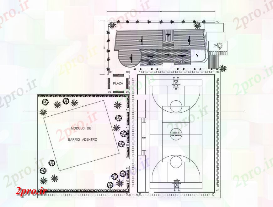 دانلود نقشه ورزشگاه ، سالن ورزش ، باشگاه ورزش دستبل محوطه سازی ساختار طراحی جزئیات 10 در 24 متر (کد121241)