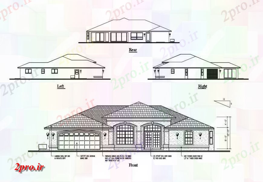 دانلود نقشه مسکونی  ، ویلایی ، آپارتمان  جبهه، چپ، جزئیات نما سمت عقب و ر یک دان خانه (کد121261)
