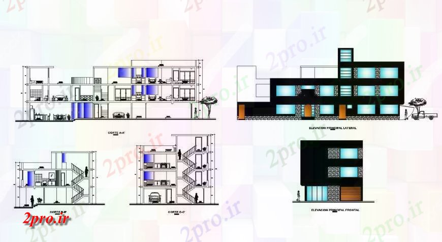 دانلود نقشه مسکونی  ، ویلایی ، آپارتمان  چهار دان نما ساختمان آپارتمان   های مسکونی و بخش طراحی جزئیات  (کد121285)