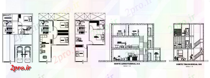 دانلود نقشه مسکونی ، ویلایی ، آپارتمان سه دان بخش و طرحی طبقه خانه مسکونی 8 در 13 متر (کد121329)