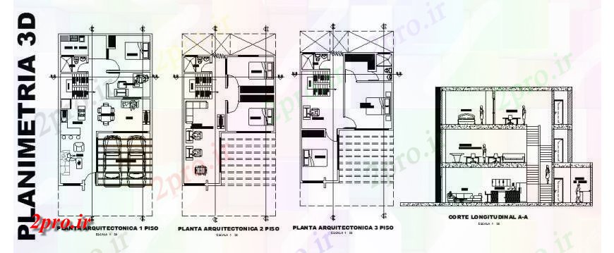 دانلود نقشه مسکونی ، ویلایی ، آپارتمان بخش و طرحی طبقه طولی جزئیات طرحی از یک خانواده خانه 7 در 12 متر (کد121330)
