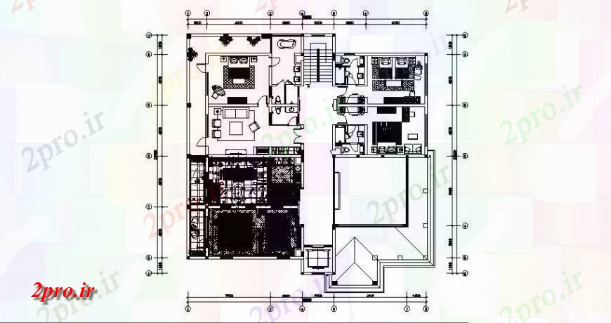 دانلود نقشه مسکونی ، ویلایی ، آپارتمان طبقه همکف جزئیات طراحی برای طرحی توزیع تجملات ویلا 22 در 22 متر (کد121351)