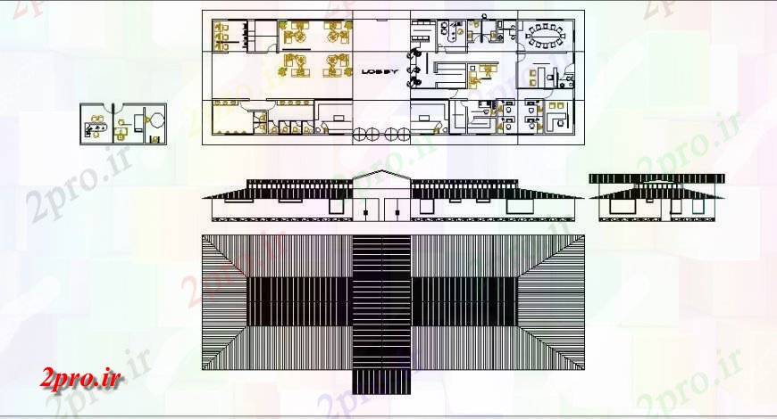 دانلود نقشه هتل - رستوران - اقامتگاه خانه کلبه برای نما رفت و آمد مکرر، طرحی جلد و طرحی توزیع جزئیات 18 در 73 متر (کد121360)