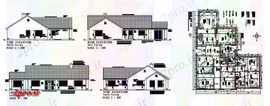 دانلود نقشه مسکونی ، ویلایی ، آپارتمان یکی از خانه خانواده تمام نما و طرحی توزیع طرفه 15 در 18 متر (کد121378)