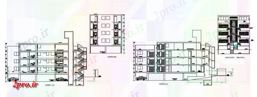 دانلود نقشه مسکونی  ، ویلایی ، آپارتمان  نما اصلی و تمام طرفه جزئیات مقطعی از آپارتمان   پنج کفپوش ساخت (کد121397)