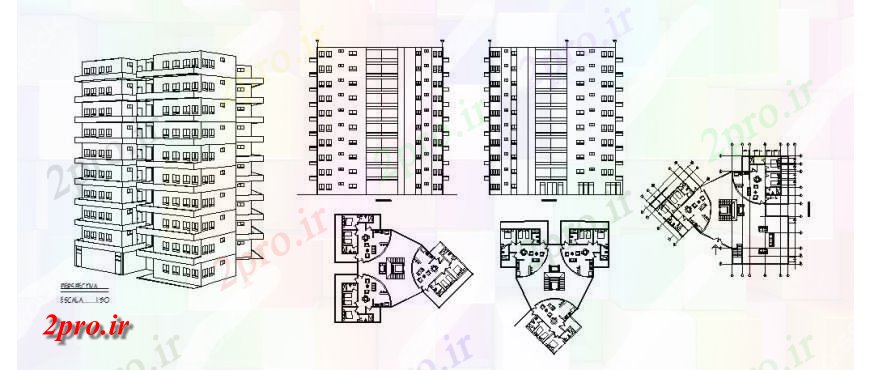 دانلود نقشه مسکونی  ، ویلایی ، آپارتمان  چند دان آپارتمان   ساخت و ساز ایزومتریک نما، نما و طرحی طبقه  (کد121414)