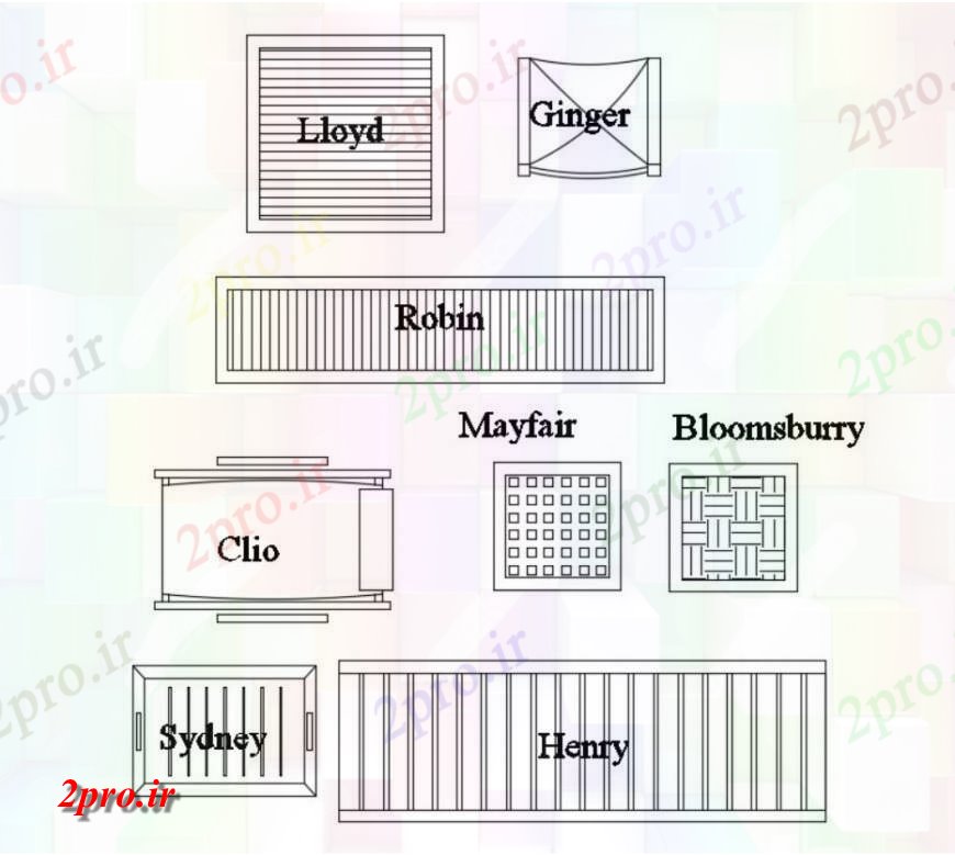 دانلود نقشه میز و صندلی نما صندلی نشسته  دو بعدی  مبلمان واحد  (کد121447)