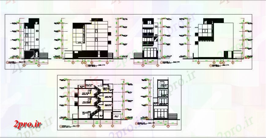 دانلود نقشه مسکونی ، ویلایی ، آپارتمان همه نما و مقطعی جزئیات طرفه برای خانه های مسکونی ساخت 6 در 13 متر (کد121487)