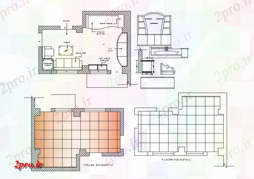 دانلود نقشه اتاق نشیمن ، حال ، پذیرایی طرحی کفپوش اتاق و مبلمان طراحی جزئیات 4 در 6 متر (کد121563)