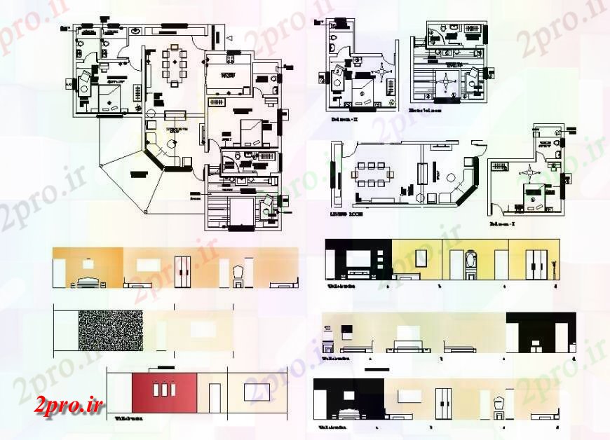 دانلود نقشه مسکونی  ، ویلایی ، آپارتمان  خانواده طرحی طبقه خانه تنها، طرحی مبلمان و جزئیات  داخلی  (کد121581)