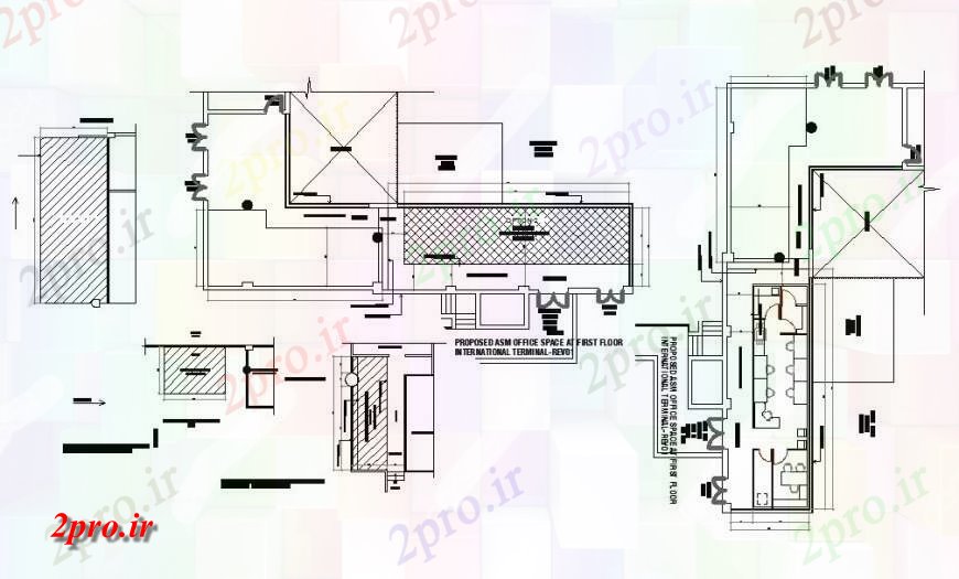 دانلود نقشه ساختمان اداری - تجاری - صنعتی فضای اداری ASM پیشنهادی در طبقه اول ترمینال بین المللی طراحی جزئیات 10 در 24 متر (کد121597)