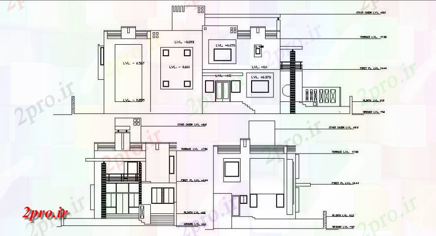 دانلود نقشه مسکونی  ، ویلایی ، آپارتمان  دو طبقه مسکونی جلو خانه و نما تماس  (کد121679)