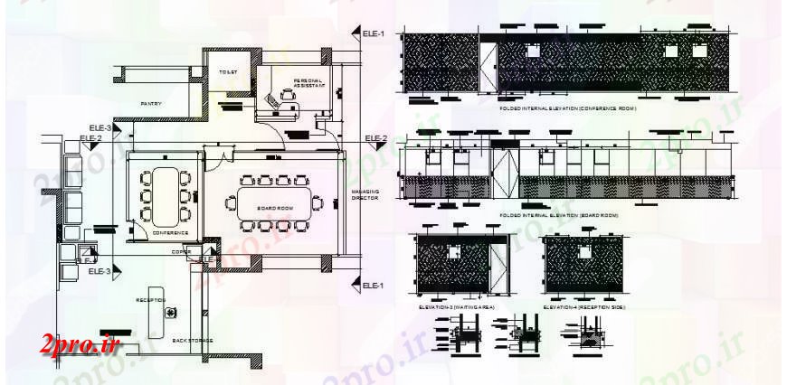 دانلود نقشه ساختمان اداری - تجاری - صنعتی نما خورده برای اتاق کنفرانس، طراحی و جزئیات خودکار ساختمان شرکت های بزرگ 11 در 12 متر (کد121692)