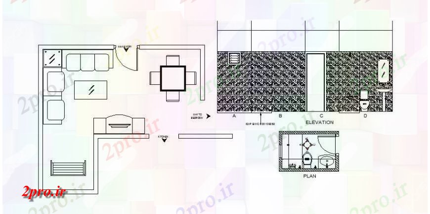 دانلود نقشه اتاق نشیمن ، حال ، پذیرایی طرحی اتاق با نما توالت وصل و برنامه های 4 در 5 متر (کد121725)