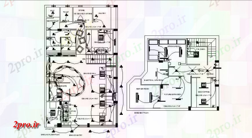 دانلود نقشه ساختمان اداری - تجاری - صنعتی زیرزمین و طبقه همکف طرحی با طراحی الکتریکی دفتر بانک ساخت و ساز 36 در 60 متر (کد121738)