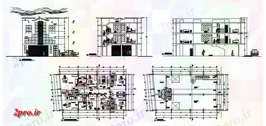 دانلود نقشه ساختمان اداری - تجاری - صنعتی چند طبقه مجتمع تجاری نما ساختمان، بخش و طرحی طبقه جزئیات 9 در 16 متر (کد121781)