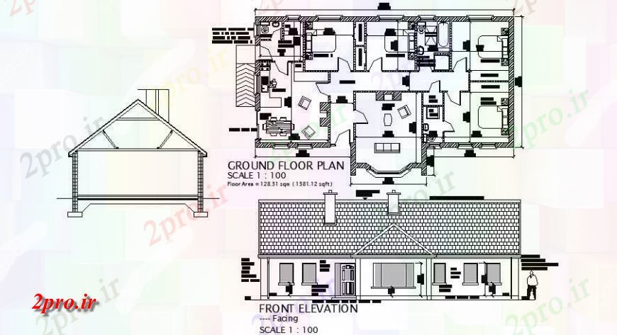 دانلود نقشه مسکونی ، ویلایی ، آپارتمان خانه مقابل نما، بخش و طبقه همکف طرحی 8 در 16 متر (کد121876)