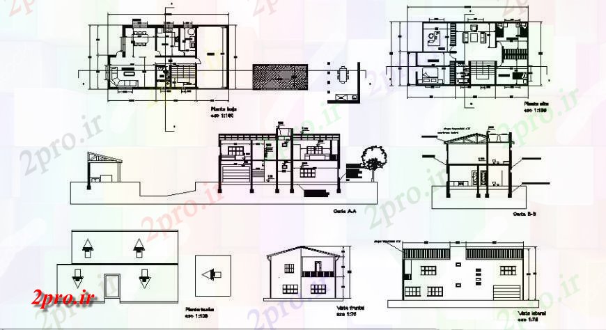 دانلود نقشه مسکونی ، ویلایی ، آپارتمان تنها نما خانه خانواده، بخش، نقشه پوشش، طرحی طبقه و خودکار جزئیات 8 در 14 متر (کد121889)