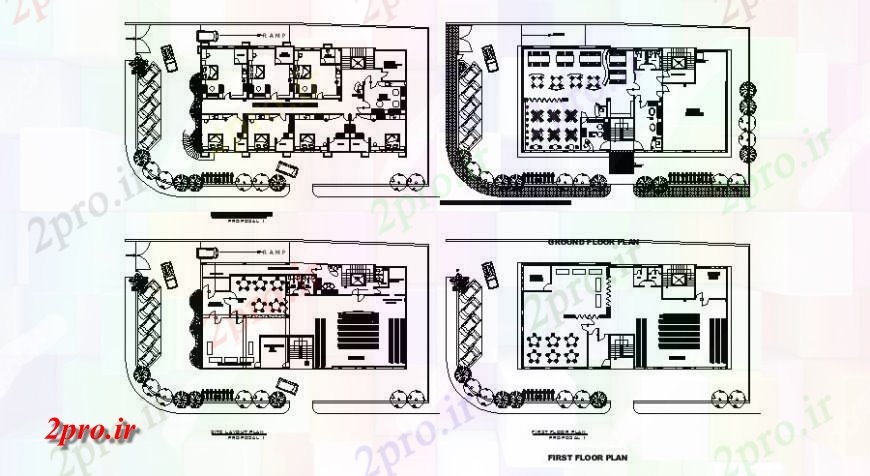 دانلود نقشه هتل - رستوران - اقامتگاه اول، دوم، جزئیات طرحی طبقه سوم و چهارم از تجملات هتل 15 در 29 متر (کد121936)