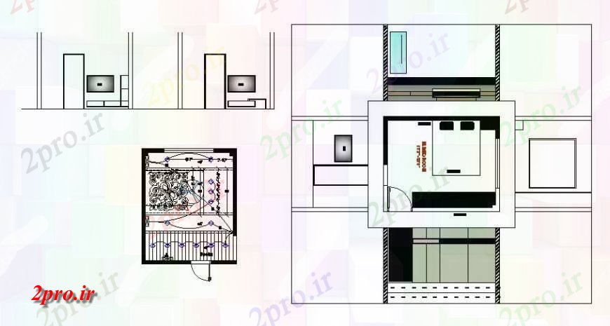 دانلود نقشه اتاق نشیمن ، حال ، پذیرایی جزئیات طراحی اتاق خواب و اتاق ناحیه 8 در 11 متر (کد121941)
