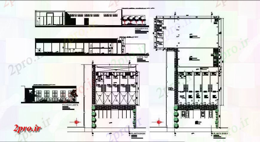 دانلود نقشه ساختمان اداری - تجاری - صنعتی مرکز نما، بخش، طرحی طبقه تجاری و خودکار جزئیات 19 در 27 متر (کد121987)