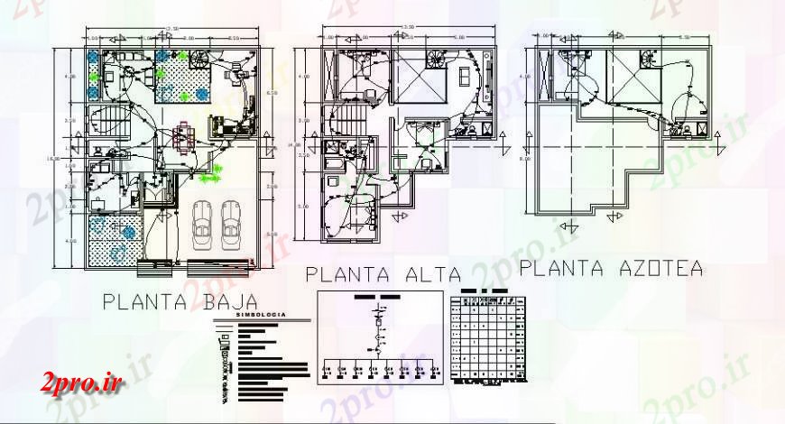 دانلود نقشه مسکونی ، ویلایی ، آپارتمان زمین، اول و طبقه بالای طرحی خانه و طرحی های الکتریکی 12 در 16 متر (کد122039)