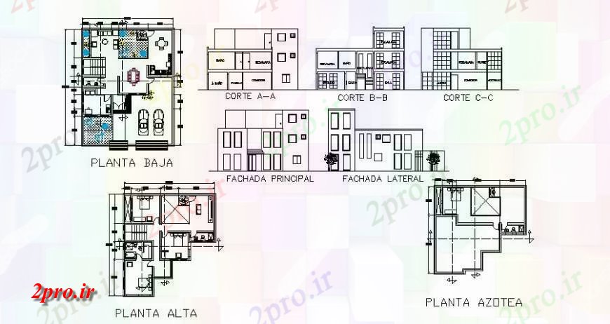 دانلود نقشه مسکونی ، ویلایی ، آپارتمان مسکونی نما خانه، بخش، طرحی طبقه و طرحی پوشش 12 در 16 متر (کد122040)