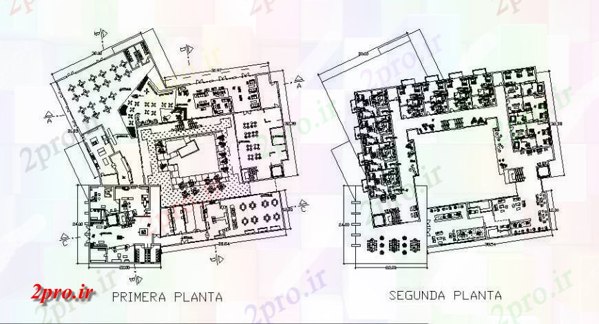 دانلود نقشه هتل - رستوران - اقامتگاه جزئیات طرحی توزیع طبقه اول و دوم از هتل ساخت 34 در 34 متر (کد122052)