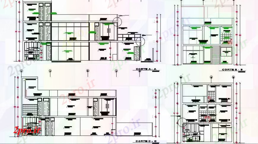 دانلود نقشه مسکونی ، ویلایی ، آپارتمان جلو، پشت و جزئیات مقطعی طرف یک خانواده خانه 8 در 22 متر (کد122061)