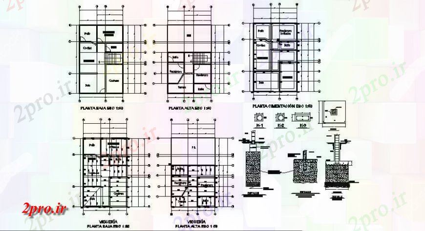 دانلود نقشه مسکونی ، ویلایی ، آپارتمان طرحی پایه و اساس خانه، طرحی طبقه و ساختار سازنده جزئیات 8 در 12 متر (کد122064)