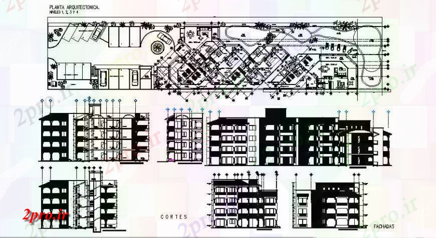 دانلود نقشه هتل - رستوران - اقامتگاه آکروباتیک سل چند طبقه نما هتل ساختمان، بخش و توزیع جزئیات طرح 14 در 56 متر (کد122071)