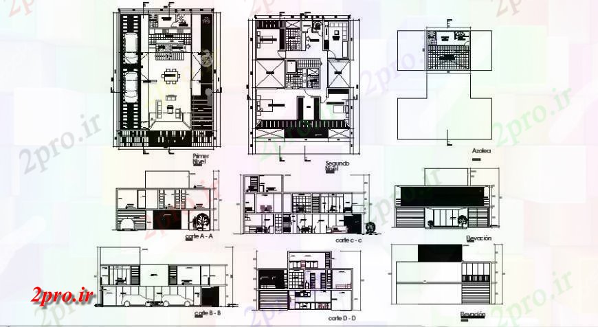 دانلود نقشه مسکونی ، ویلایی ، آپارتمان یک خانواده نما خانه شهری، بخش و طرحی طبقه جزئیات 12 در 17 متر (کد122096)