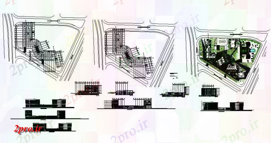 دانلود نقشه هایپر مارکت - مرکز خرید - فروشگاه طرحی ساختمان منطقه، نما و مقطعی 23 در 215 متر (کد122141)