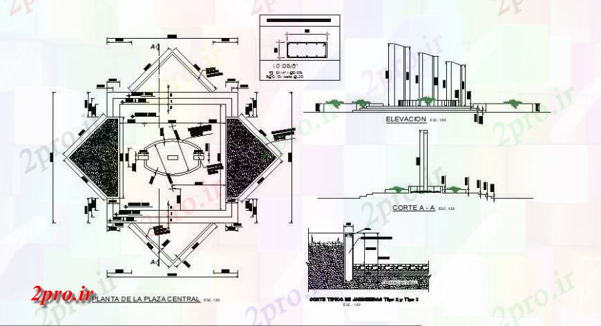 دانلود نقشه باغ موضوع میدان طراحی پارک مرکزی و محوطه سازی ساختار جزئیات (کد122158)