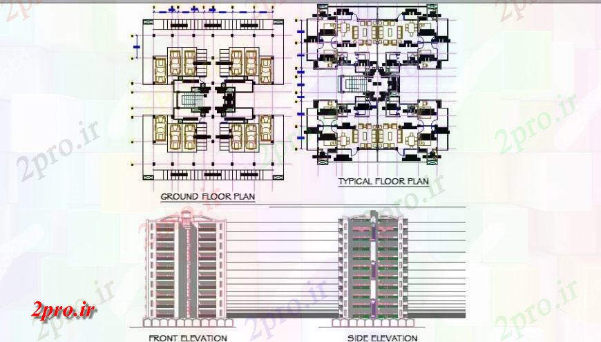 دانلود نقشه مسکونی  ، ویلایی ، آپارتمان  جلو و به طرف و طبقه همکف و طبقه معمول طرحی های  (کد122179)