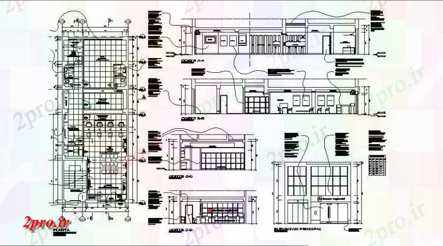 دانلود نقشه ساختمان اداری - تجاری - صنعتی دفتر مدیریت ساخت و ساز نما، بخش و طرحی طبقه جزئیات 7 در 18 متر (کد122217)