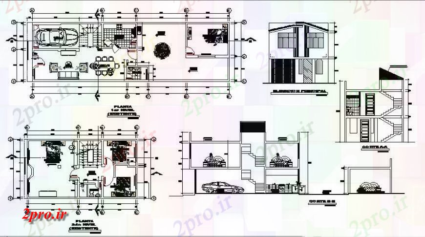 دانلود نقشه مسکونی ، ویلایی ، آپارتمان خانواده تنها دو طبقه نما خانه، بخش و طرحی طبقه جزئیات 6 در 20 متر (کد122224)