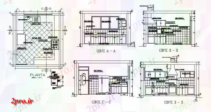 دانلود نقشه آشپزخانه خانه آشپزخانه تمام طرفه بخش، برنامه ریزی و داخلی  (کد122238)