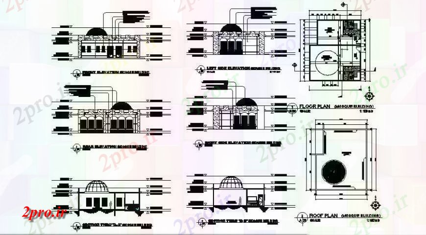 دانلود نقشه کلیسا - معبد - مکان مذهبی طرحی طبقه از ساختمان مسجد و نما  دو بعدی  طراحی اتوکد (کد122258)