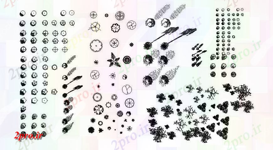 دانلود نقشه درختان و گیاهان پویا طراحی  دو بعدی  از گیاهان و درختان جزئیات واحد محوطه سازی  (کد122300)