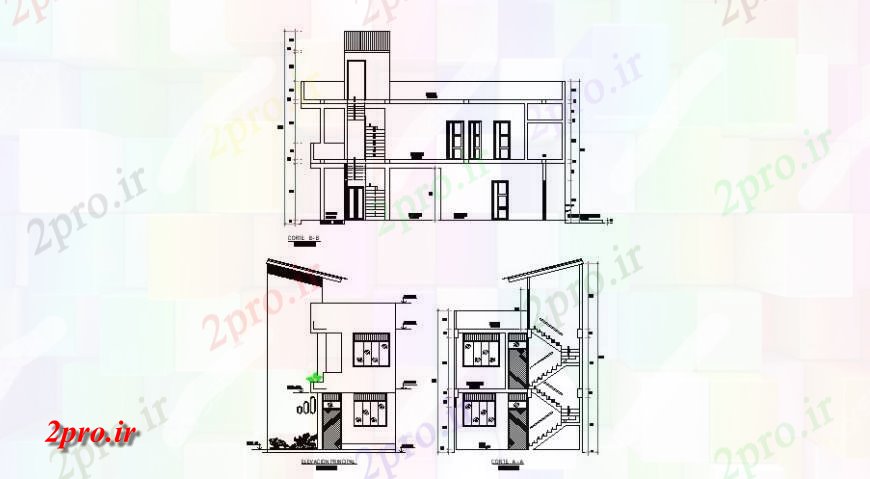 دانلود نقشه مسکونی  ، ویلایی ، آپارتمان  دو طبقه خانه نما اصلی و بخش های اصلی و جانبی  (کد122381)