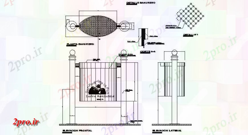 دانلود نقشه طراحی جزئیات ساختار سبد زباله نما سطل زباله، بخش و طرحی جزئیات  (کد122394)