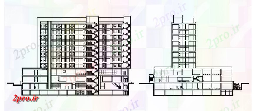 دانلود نقشه ساختمان مرتفعسحر نما جزئیات ساختمان بالا دو بعدی   (کد122549)