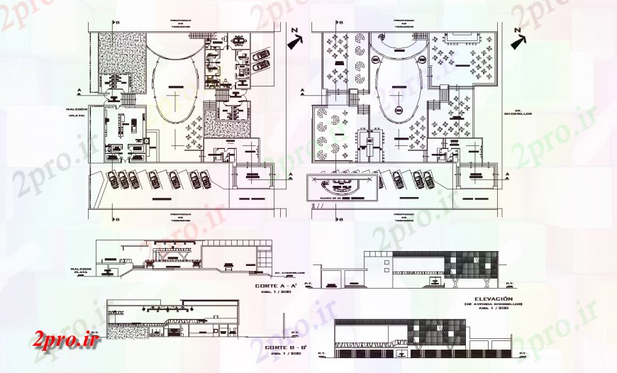 دانلود نقشه هتل - رستوران - اقامتگاه چند عموزاده نما رستوران، بخش و طرحی طبقه جزئیات های محلی 34 در 40 متر (کد122572)