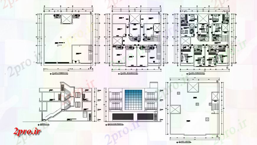 دانلود نقشه هتل - رستوران - اقامتگاه اصلی نما، بخش و طرحی طبقه جزئیات هتل ساخت 14 در 15 متر (کد122637)