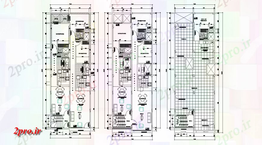 دانلود نقشه مسکونی ، ویلایی ، آپارتمان زمین، اول و طبقه تراس جزئیات طرحی خانه ساخت 7 در 20 متر (کد122642)